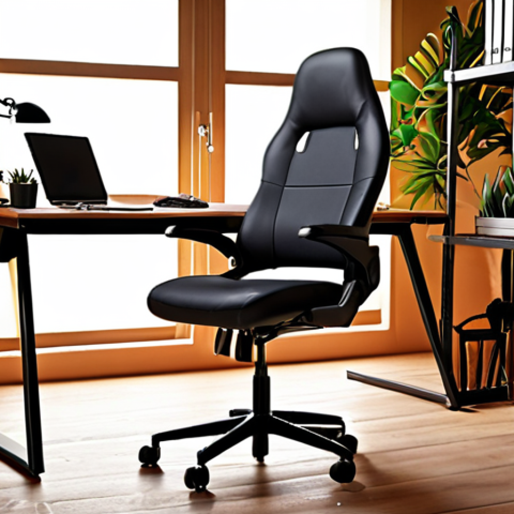 Ergonomic workspace: Adjustable chair, height-adjustable desk, warm lighting, plants, comfortable and productive.