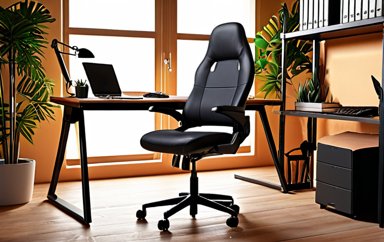 Ergonomic workspace: Adjustable chair, height-adjustable desk, warm lighting, plants, comfortable and productive.